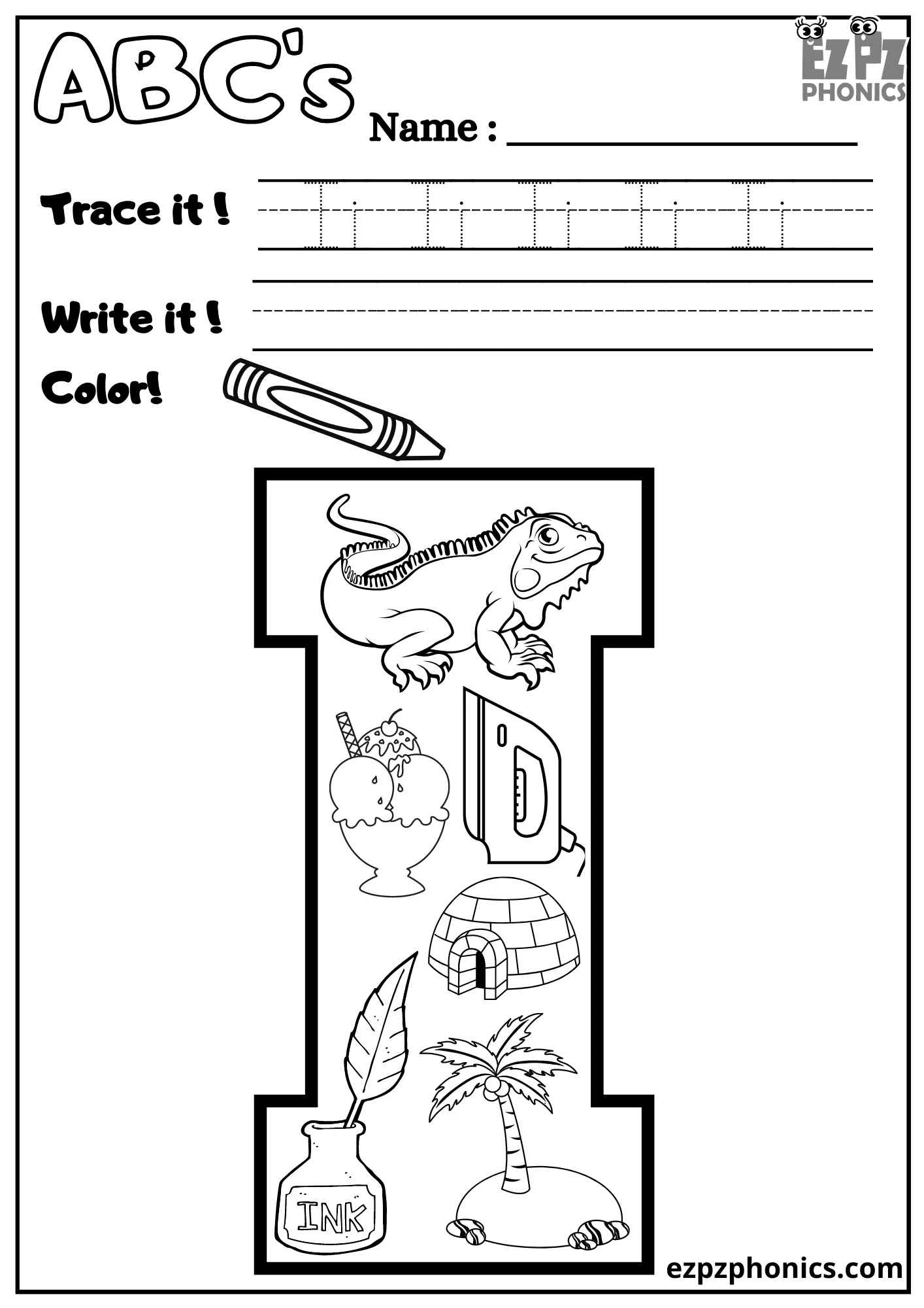 Letter I Trace, Write, and Color 